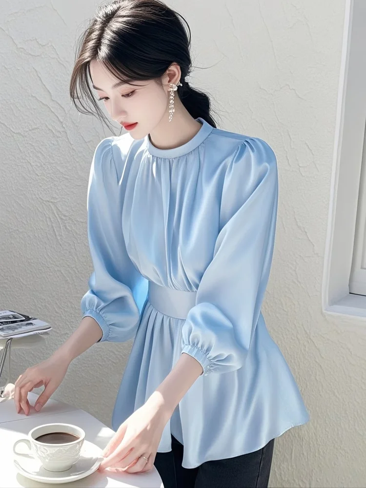 

Ele Blue Satin irt Women's Early Spring New Sle Unique Slim Fit Korean Version Long Sve round Ne Daily Wear