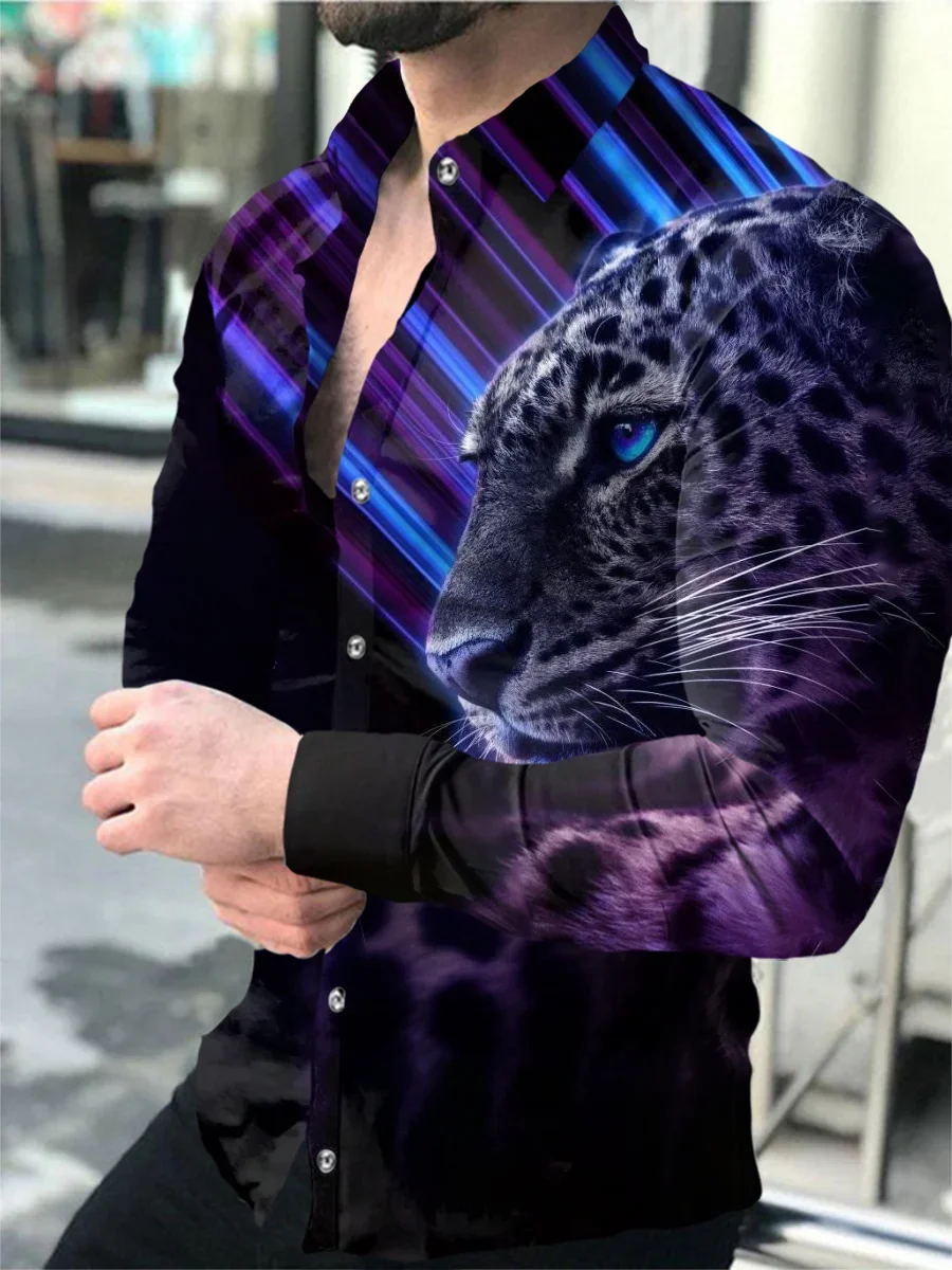 Camisa de manga larga con solapa para hombre, camisa informal, versátil, a la moda, de calle, de un solo pecho, de leopardo