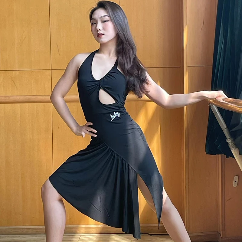 Sexy oco para fora vestido de dança latina preto/azul irregular cha cha dança desempenho roupas verão rumba prática wear ys4148