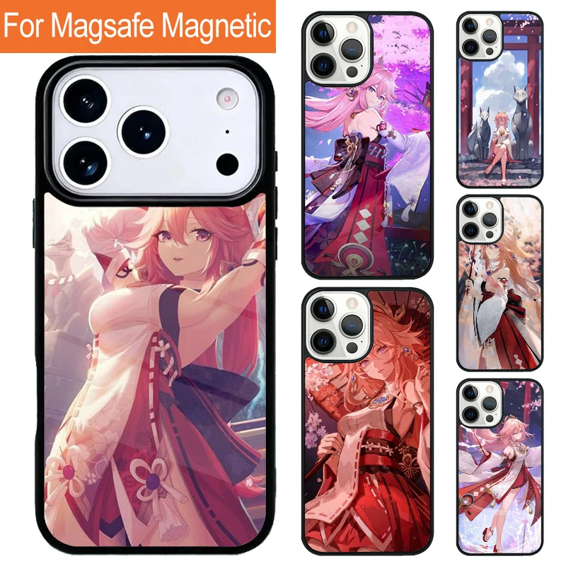 Coque de téléphone magnétique imprimée Genshin Impact Yae Miko, pour iPhone 17 Pro 16 15 13 12 11 Pro Max Air 14 Plus, avec couverture Magsafe