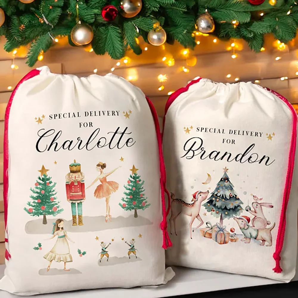 

1Pcs Custom Christmas Eve Gift Bag Ballet Reindeer Winter Holiday Accessory Special Delivery Christmas Santa Sack Bag with Name