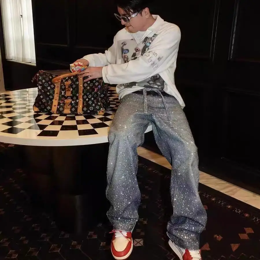 

Spring 2025 AC Limited Cheered Print Waed Rhinestone Loose Trendy Jeans Men Women Casual Straight Leg mid Waist Denim