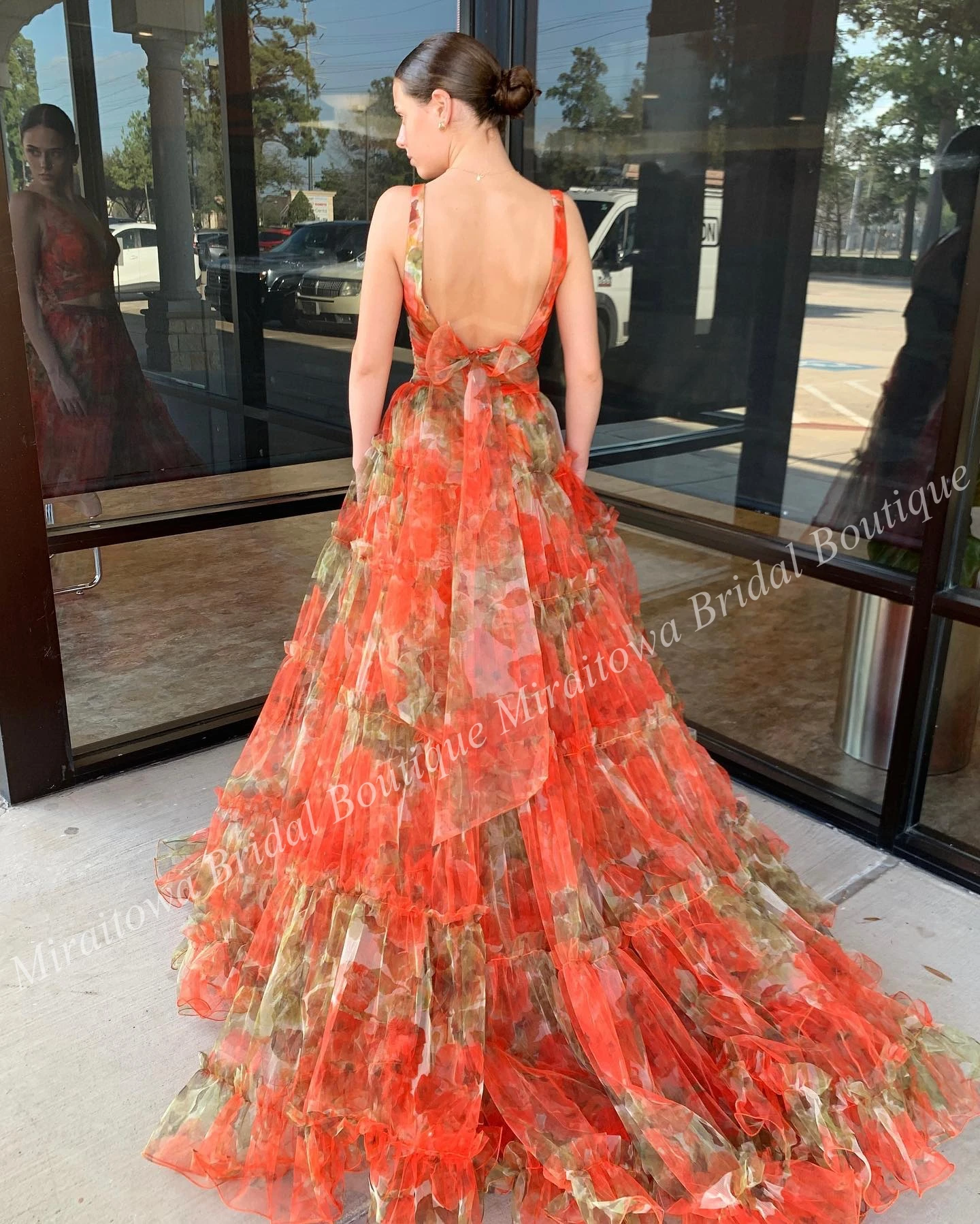 Crop Top Senior Prom Dress Print Oranje Bloemen 2-delige Ruche Tule Winter Formele Avond Gala Party Optocht Rode Loper Jurk