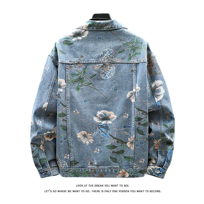 Vintage Floral Print Denim Jacket Men's Distressed Coat Streetwear Loose Fit Long Sleeve Jackets Korean Bomber Jeans Jacket