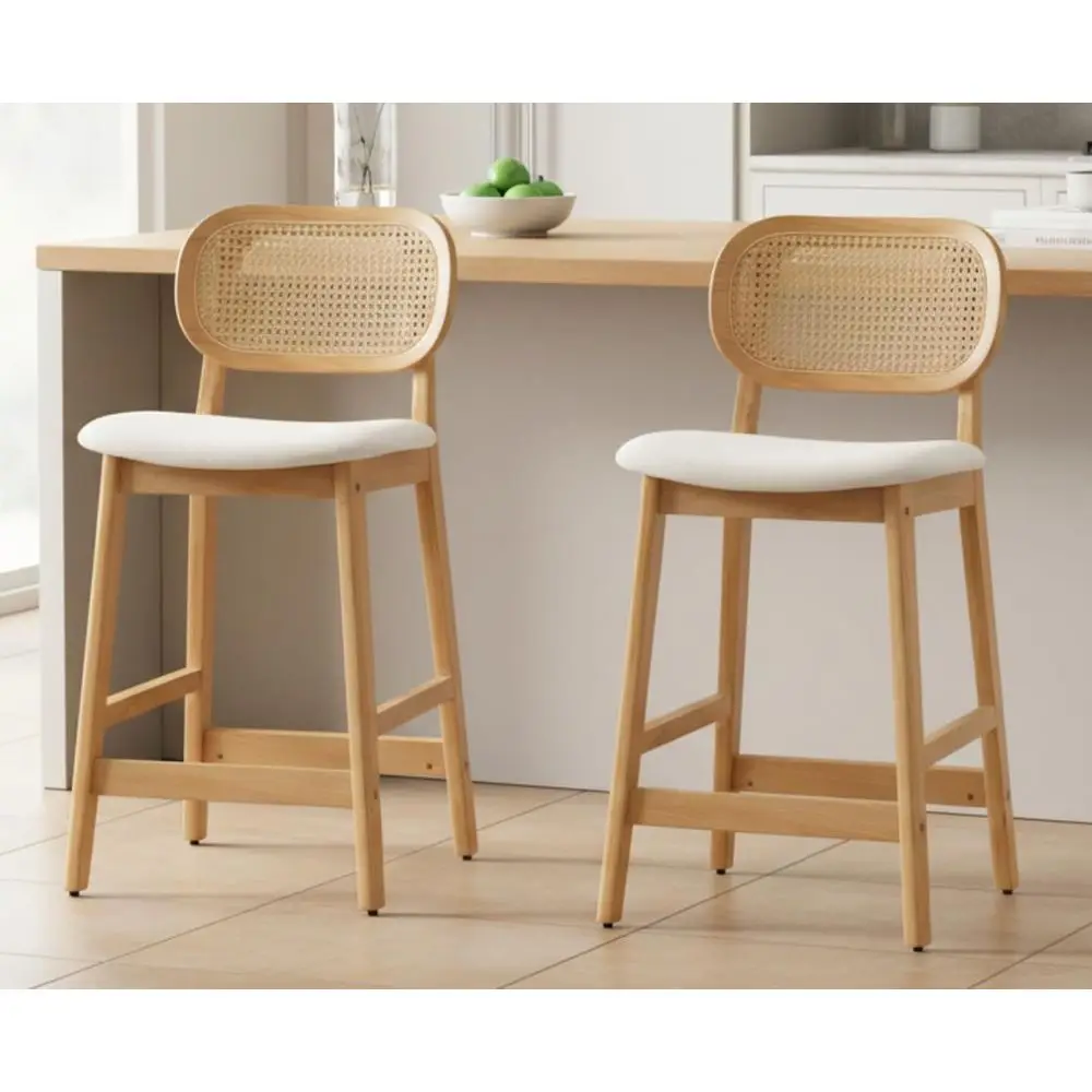 

Set of 2 Upholstered Counter Height Bar Stools with Cane Back, Boho Style, Linen Beige for Kitchen Island or Home Bar