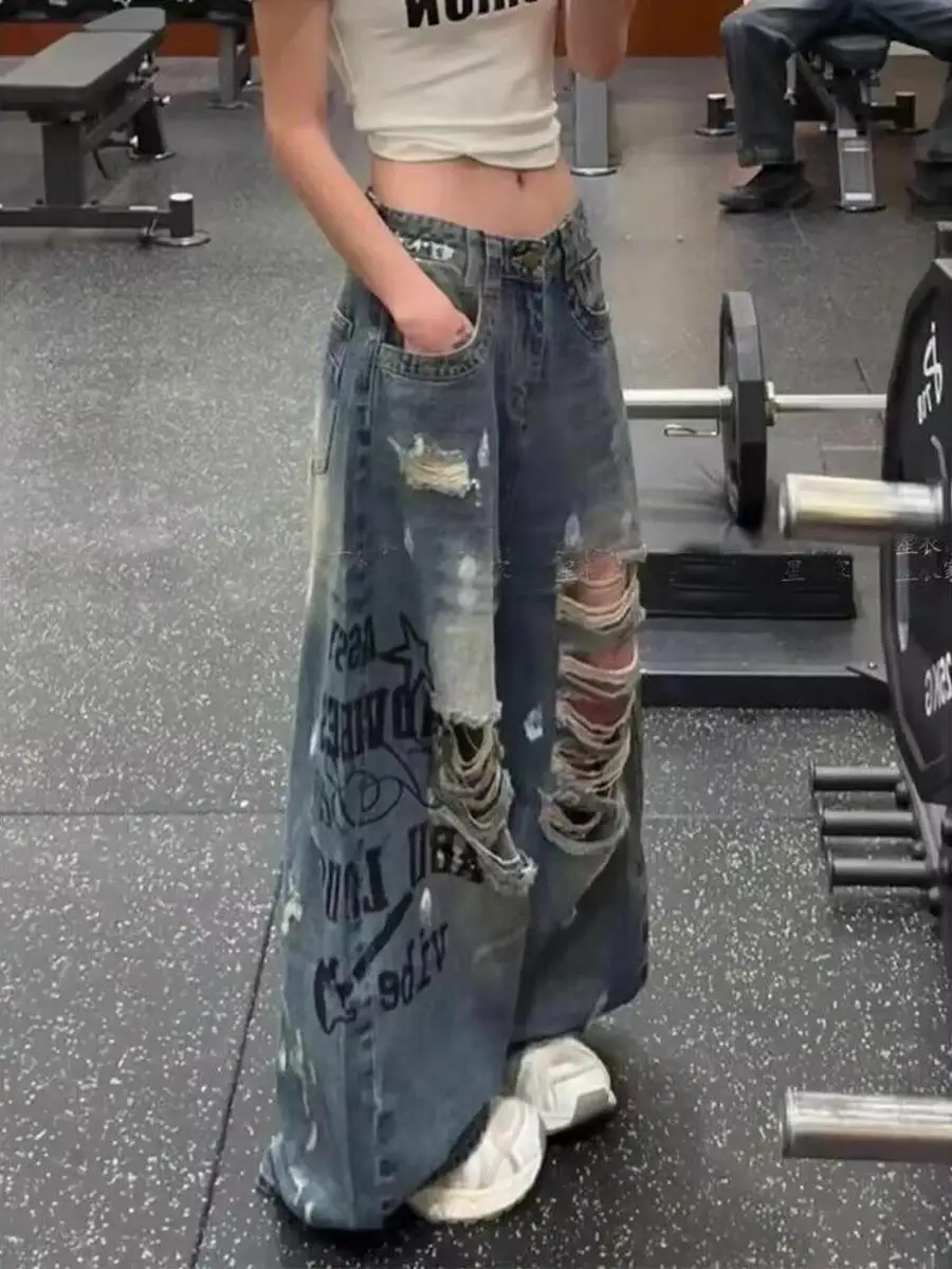 Summer Loose Men's Jeans Graffiti Print Hole Ripped Denim Pants plus Size 250 Pounds Vintage Style Straight Leg Trousers