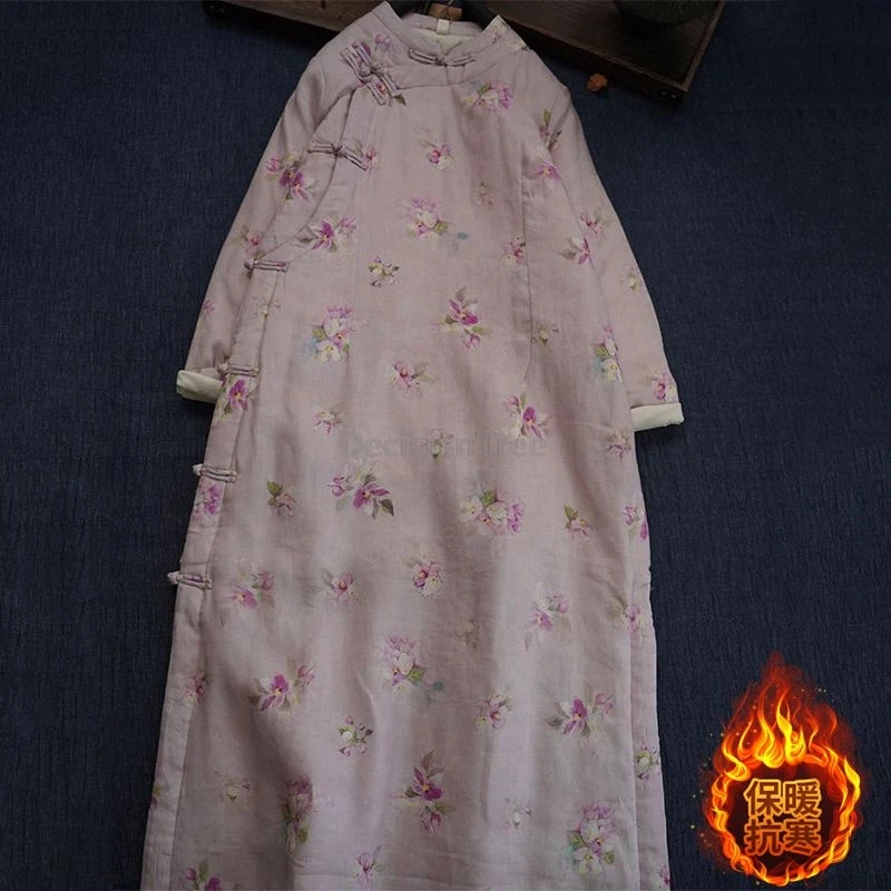 

2025 retro gentle temperament fashionable qipao literature art zen cotton linen tea garment winter thicken warm chinese qipao
