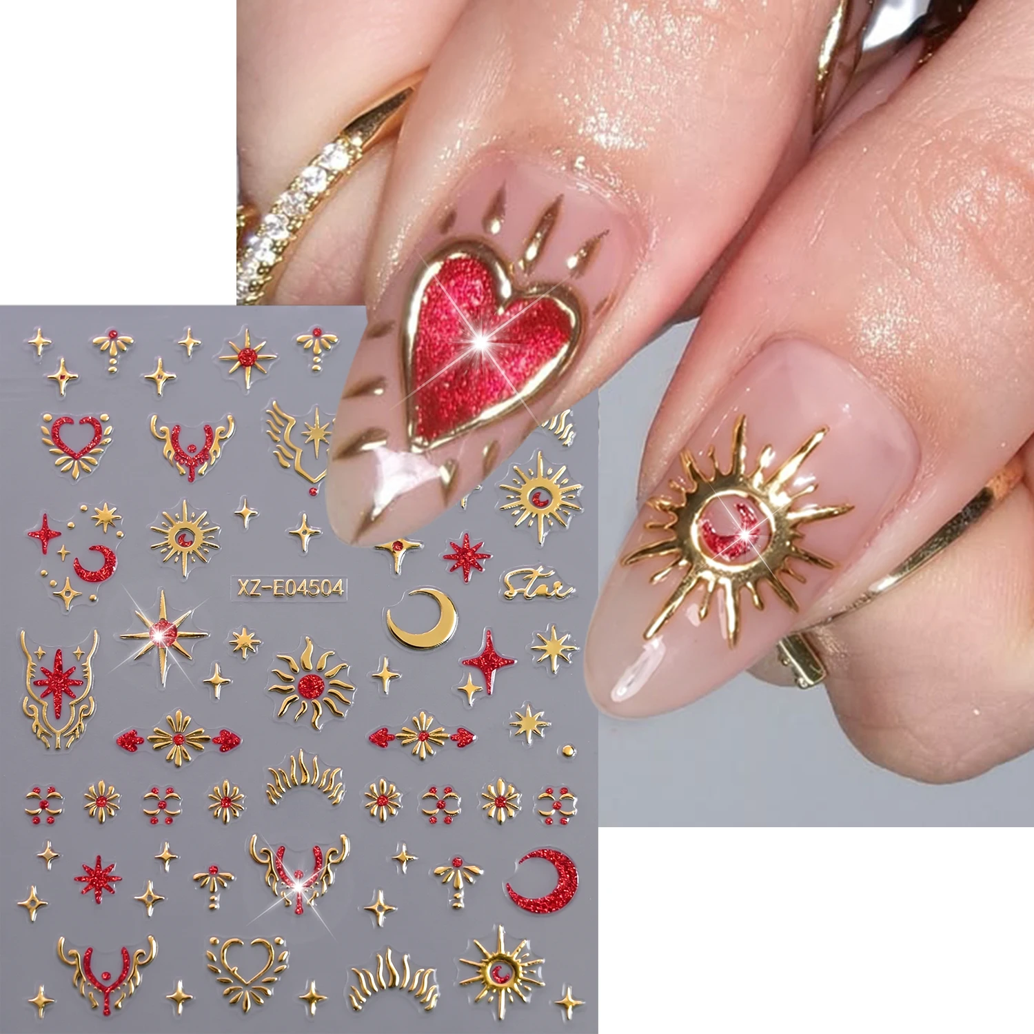6Pcs 3D Bronzing Sun Star Moon Chains Nail Stickers Y2K Red Glitter Starlight Love Heart Self Adhesive Sliders DIY Nail Decals