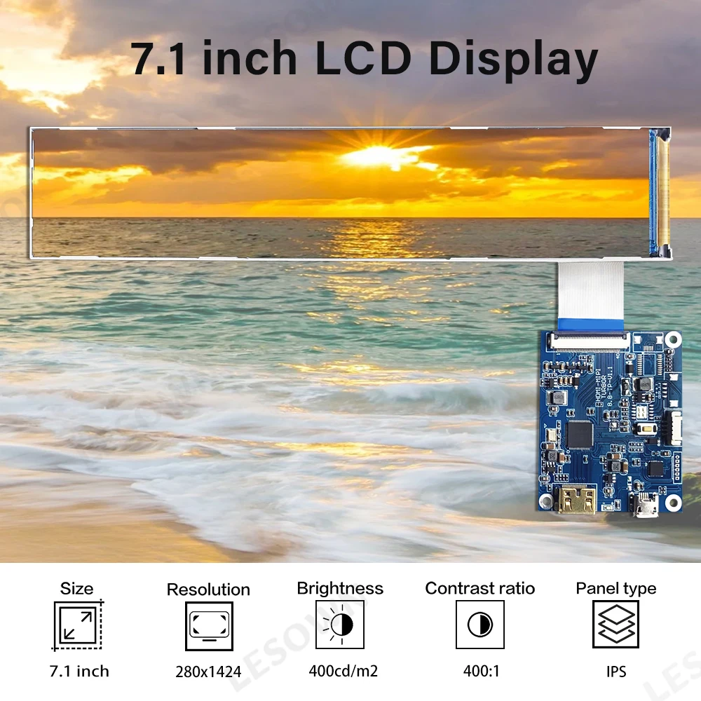 LESOWN LCD Panel Display Long Strip Slim Screen 7.1inch 280x1424 IPS HDMI 400cd/m2 MIPI 4LANE Interface Module with Driver Board