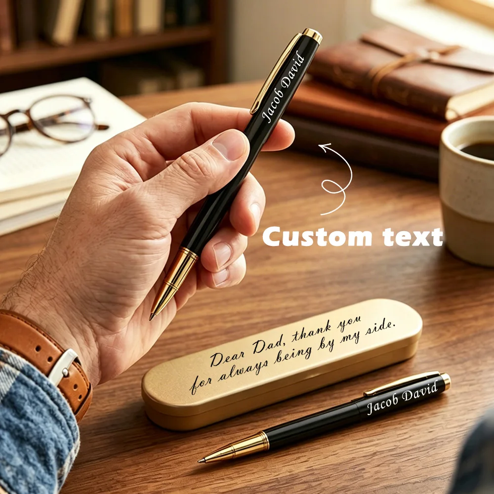 Personalized Gift Pen Set, Custom Engraved Ballpoint Pen with Metal Gift Box, Black Gold Elegant Pen,