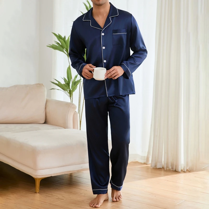 Men Sleepwear Autumn Pajama Sets Long Sleeve Tops with Trousers Pajama Pj Sets Soft and Comfortable Satin Pajamas Loungewear Set