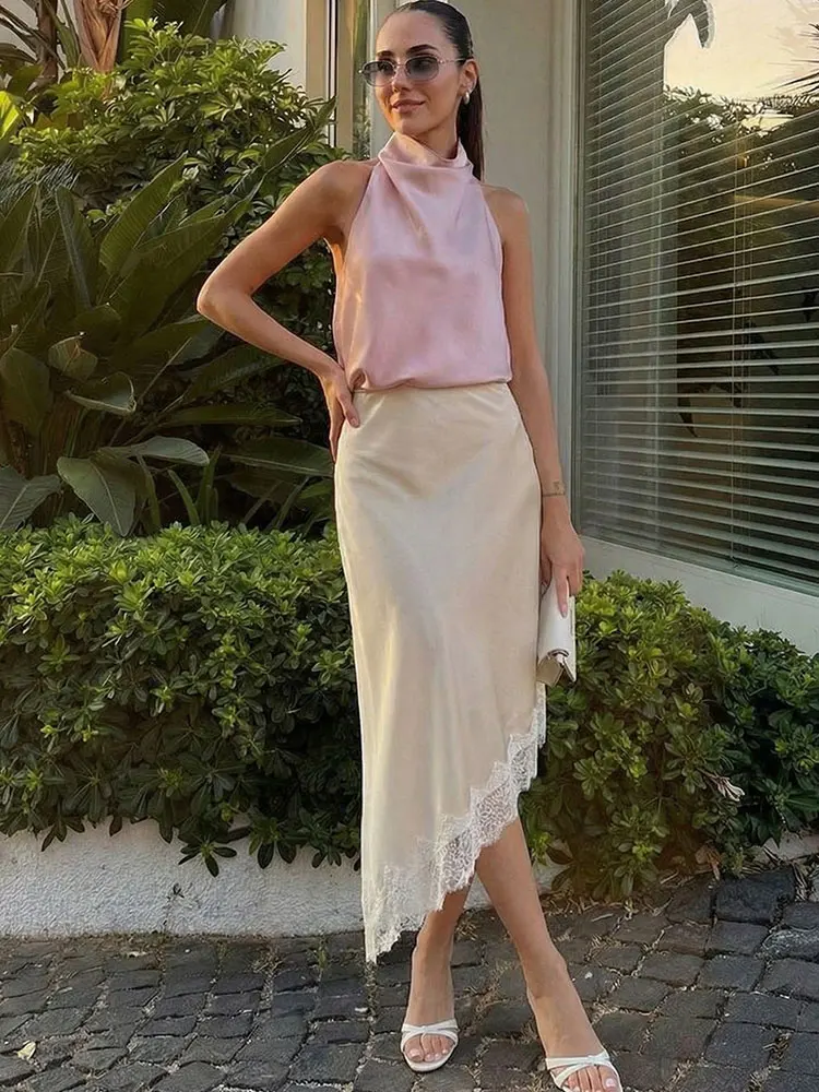 กระโปรงลูกไม้แฟชั่นผู้หญิงทรงเอ ดีไซน์ชายไม่เท่ากัน เอวสูง ทรงเข้ารูป ยาว  สำหรับฤดูใบไม้ผลิและฤดูร้อน สไตล์ไฮสตรีท สวยเก๋