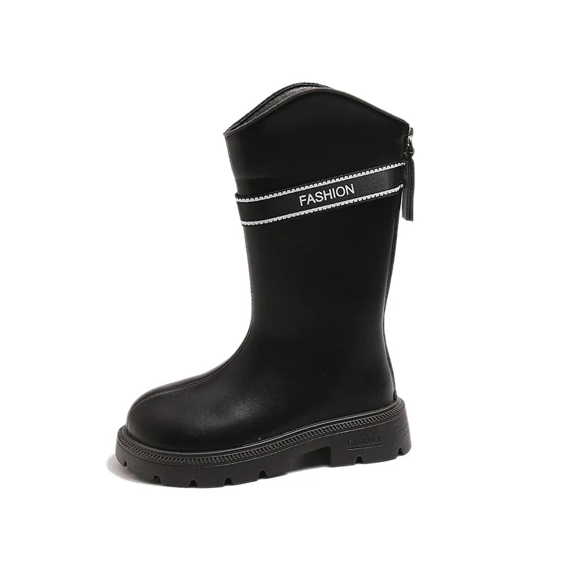 Kids Girls Mid Calf PU Leather Boots Letter Strap Back Zipper Thick Sole Fashion Riding Boots