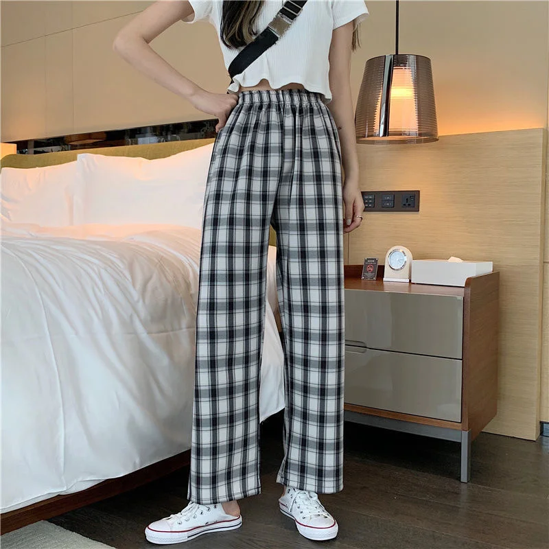 2023 Women Cyber Y2k Winter Slim Green Plaid Pants Female Indie All-match Wide Leg Casual Pants Harajuku Clothes for Woman 2000s