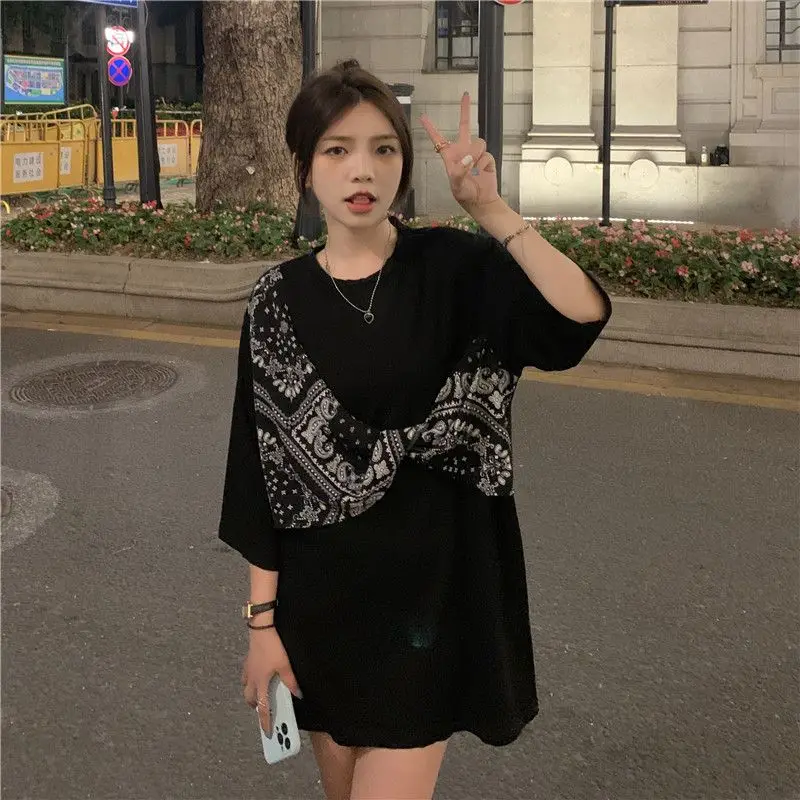 Summer New Patchwork Contrast T Shirts Short Sleeve Loose Solid Fake Two Pieces Casual Tops Tees Korean Fashion Women Clothing