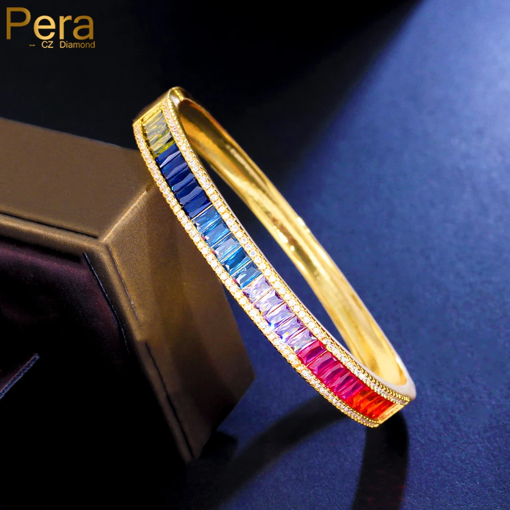 Pera Excellent Quality Rainbow Baguette CZ Zircon Pave Luxury Banquet Party Big Round Bangle for Women Fashion Hand Jewelry Z013