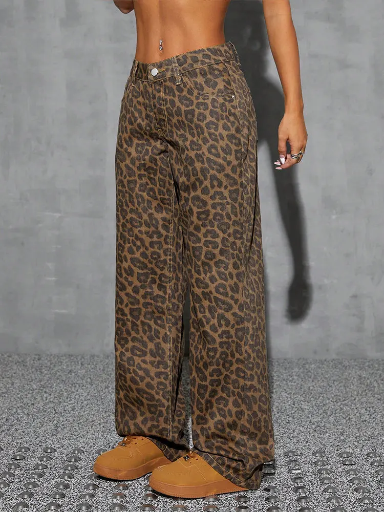 Women Leopard Print Wide Leg Pants High Waist Loose Baggy Trousers Y2K Streetwear Casual Straight Pants