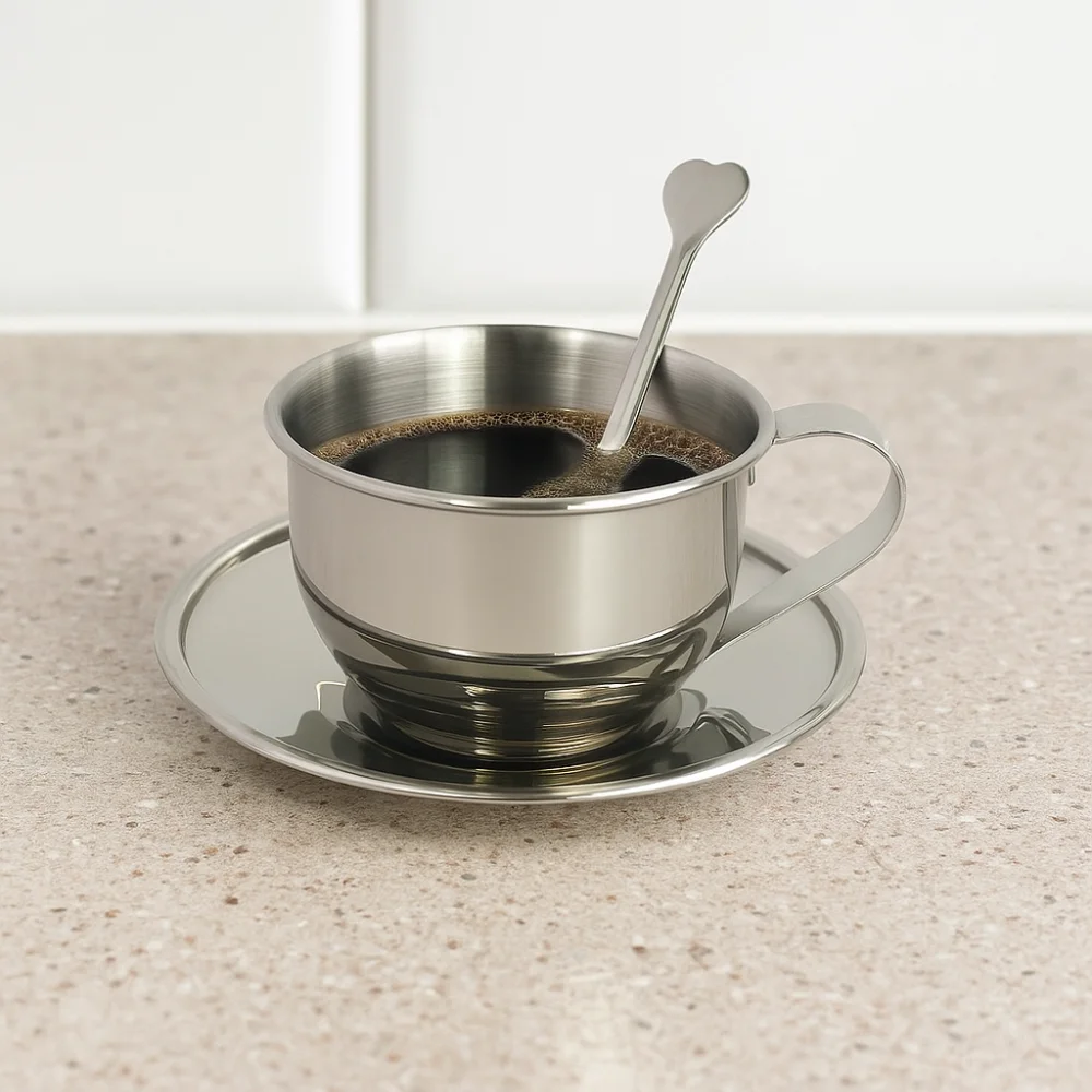 

Stainless Steel Coffee Cup Plate Set 170ml Mirror Drinkware Tea Cup Set Vintage Exquisite Espresso Cup Restaurant