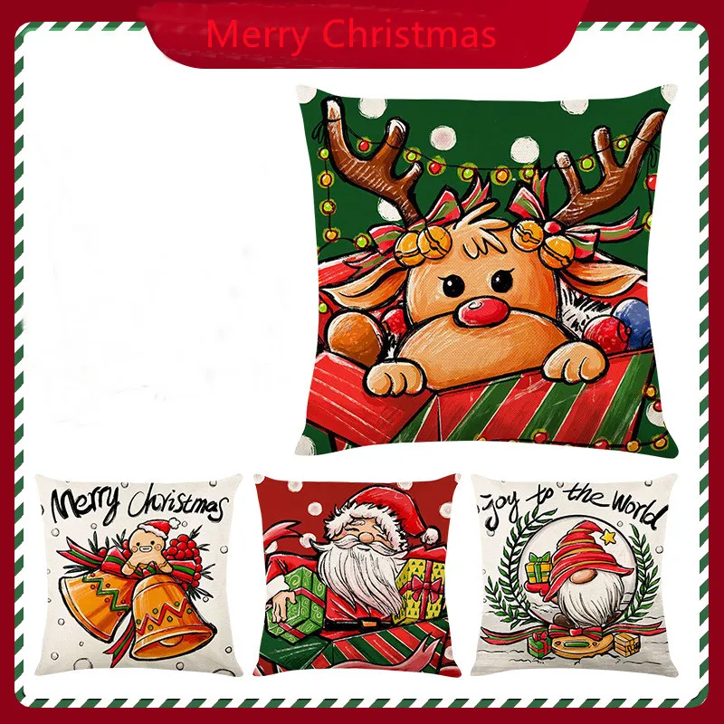 

1 PCS Merry Christmas Hemp 3D Print Santa Claus Living Room Sofa Household Pillow Cover Bedroom Cushion Cover Christmas Gift