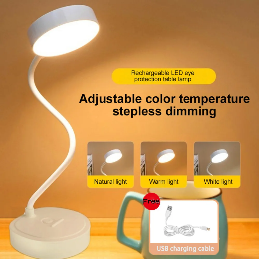 Desk Lamp USB Plug Rechargeable Table Lamp Bed Reading Book Night Light LED 3 Modes Dimming Eye Protection Light Bedside Lamp