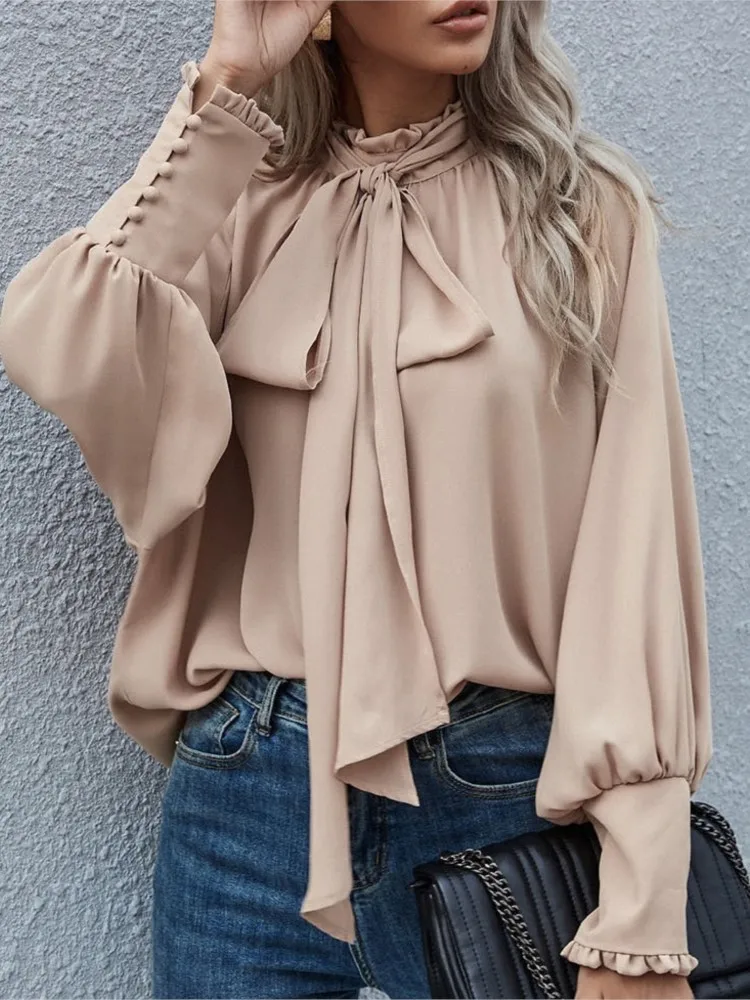 2024 Autumn Winter Women's New Solid Color Fashion High Collar Bow Tie Bubble Long Sleeve Women's Loose Versatile Top