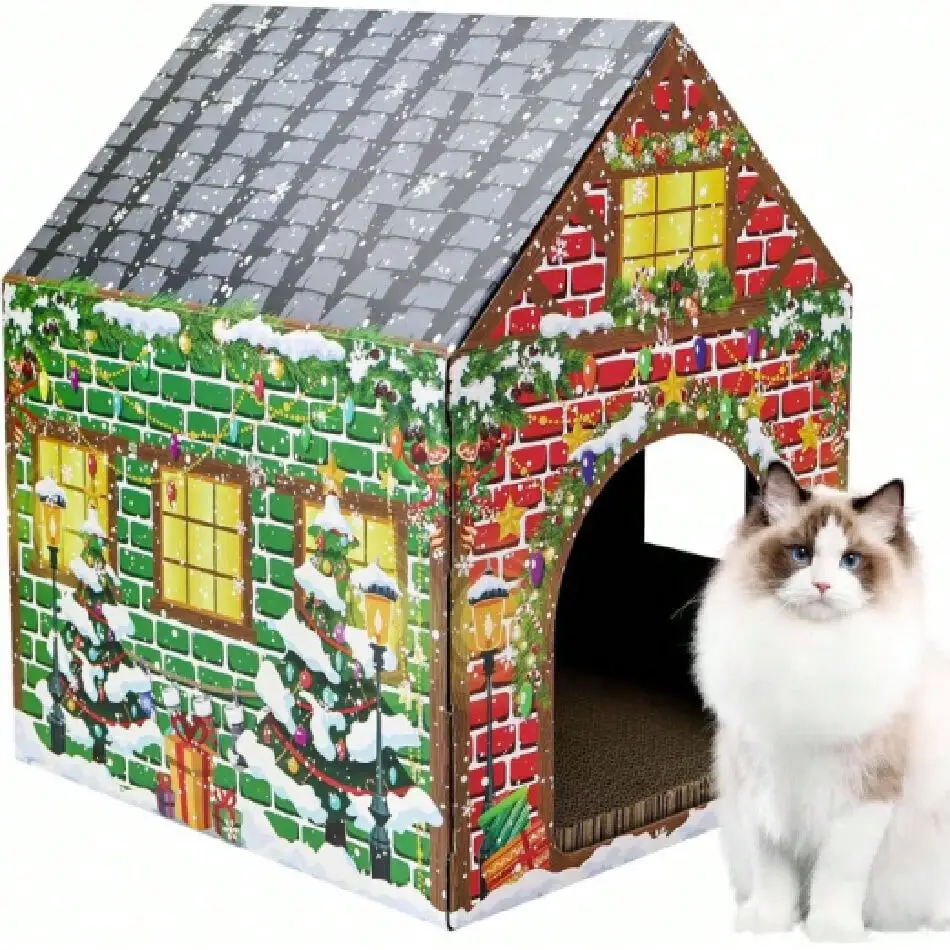 

Cat House With Scratch Pad Large Christmas Cat Scratching Playhouse Scratcher House For Indoor Xmas Cats Car