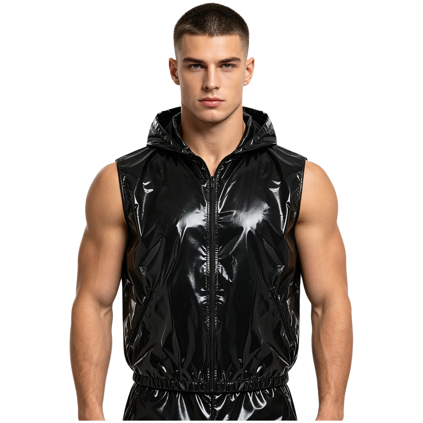 Mens Glossy Waterproof Hooded Vest Tops Sleeveless Side Zipper Pockets Hip Hop Tank Top Outerwear Shiny Metallic  Waistcoat