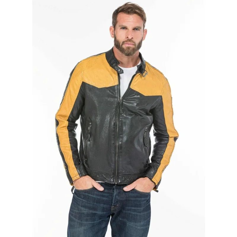 

Men's Lambskin Real Leather Jacket Biker Fashion Yellow & Black Strip Jacket