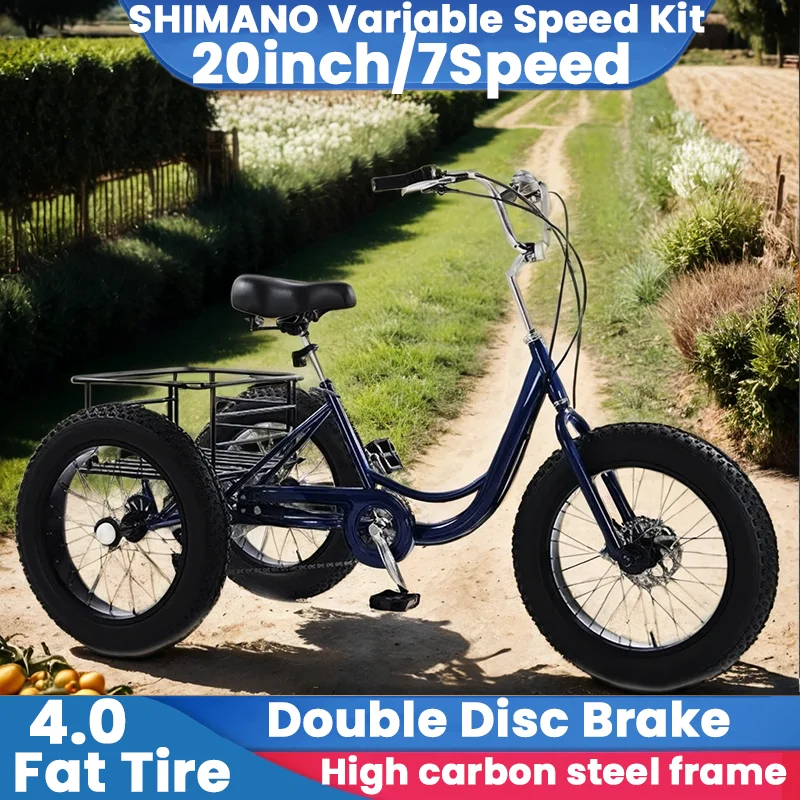 

20inch High carbon steel frame Fat Tire Tricycle 7speed Pedal Snow Tricycle Adult Dual Disc Brake Elderly Vegetable Basket Cart