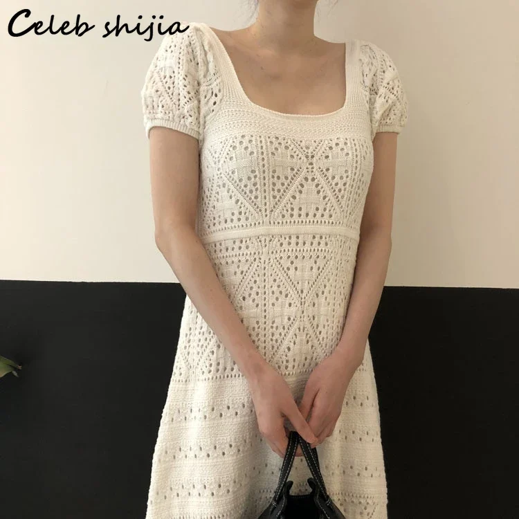 New Summer Knitted Dress Women  White Hook Flower Hollow Square Neck Bodycon Dress Women Korean Elegant Sweater Bodycon