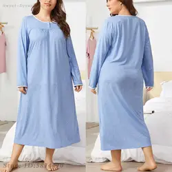 Blue Long Sleeved Nightdress Women's Sweet Lace Edge Nightgown Large Size 4XL Sleepwear Casual Home Dressing Gown Lounge Wear
