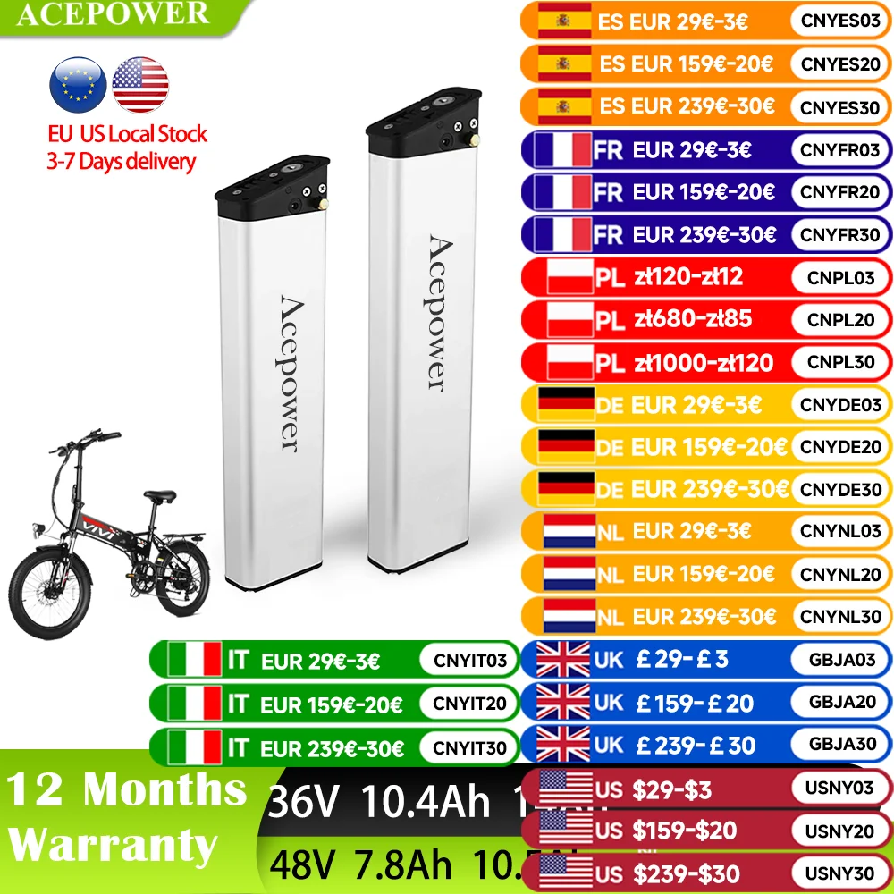 EU US Stock For ANCHEER AM1908 VIVI F20 ‎FM20 Folding EBike Battery 36V8Ah 10.4Ah 12.8Ah DCH014 Battery for Zebra Panda XL Ebike