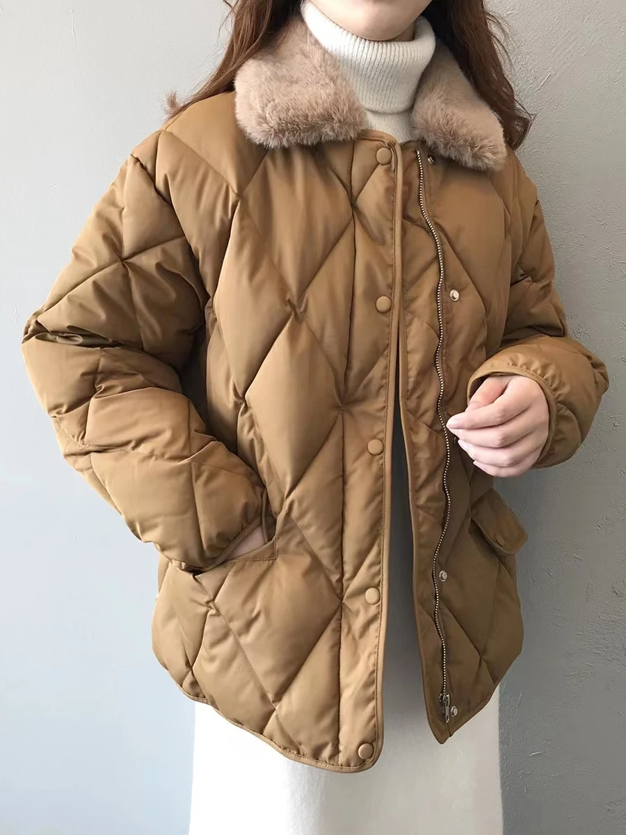 

Plaid Patchwork College Sle Women's down Cotton Jaet ort Bread Sle Stand Collar Winter New Arrival 2025