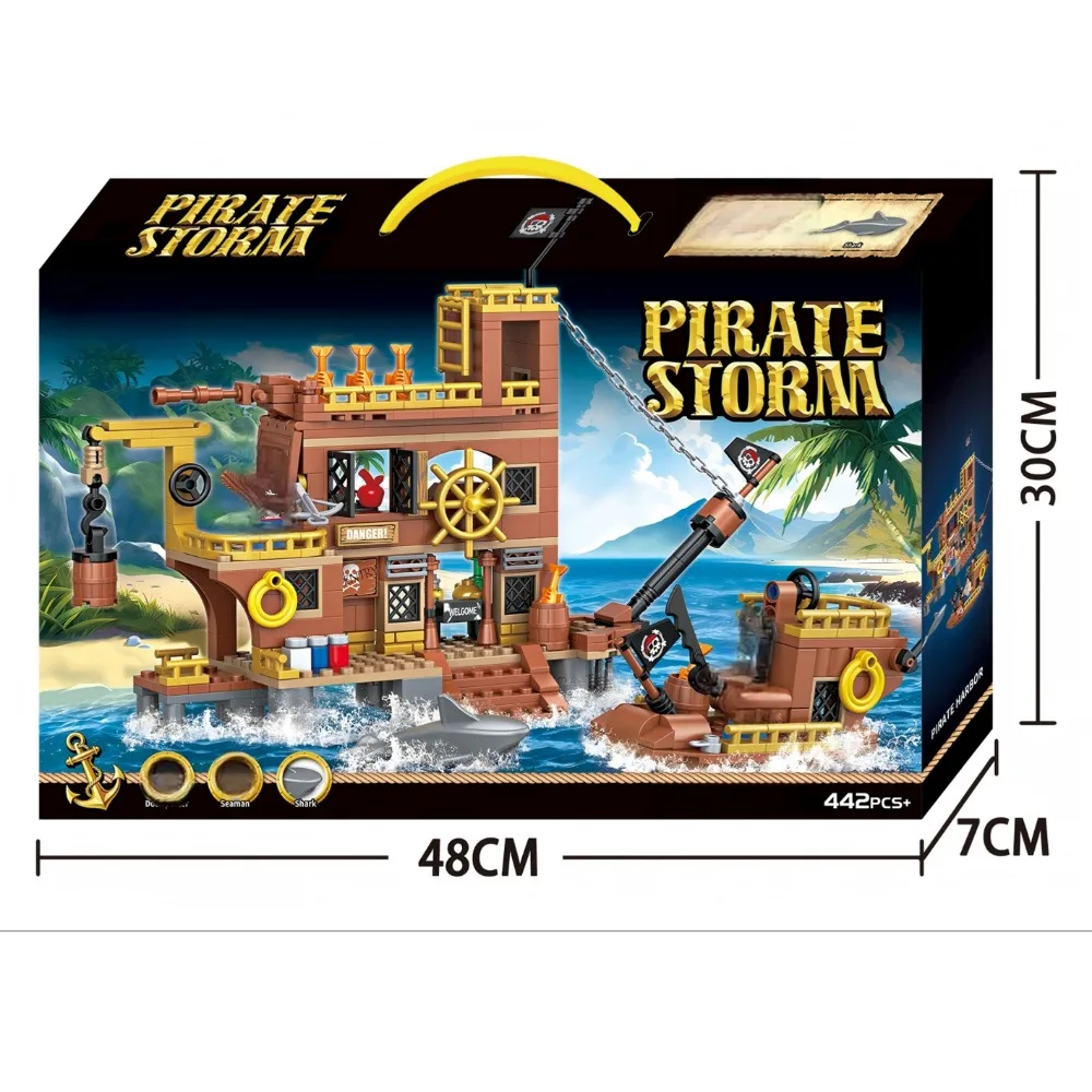 442 pièces MOC Le navire pirate de jeu Blocs de construction Jouets Briques Modèle Figurines Quai de requins Château Décoration de bureau Cadeau d'anniversaire