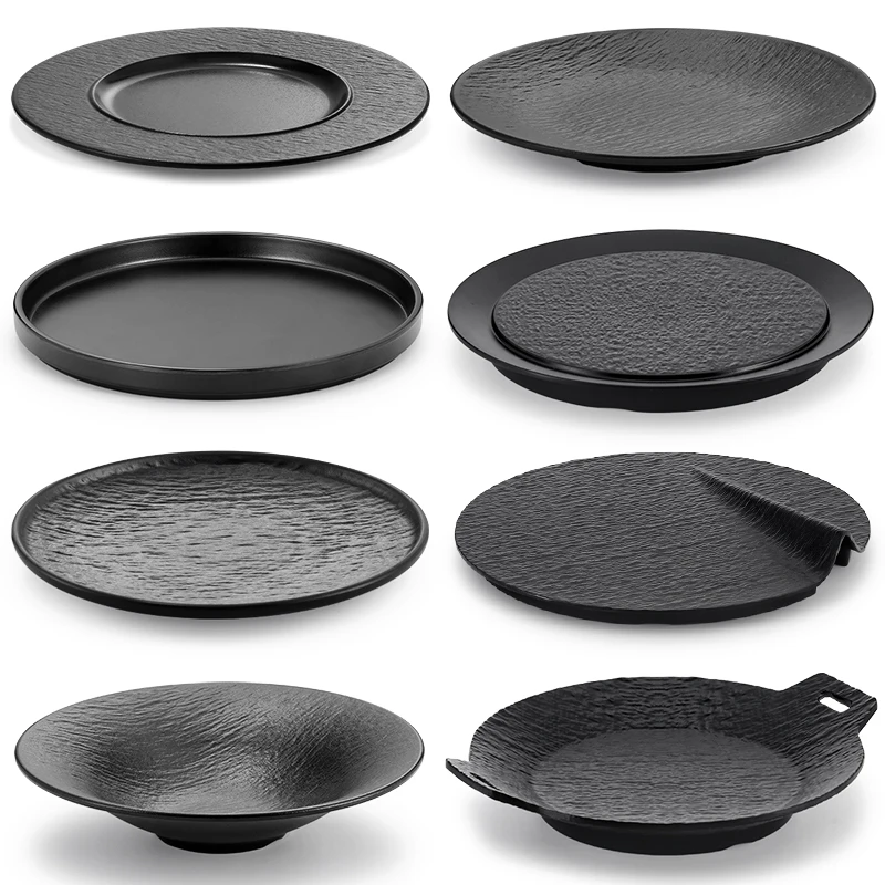 Plato de comida occidental negro de melamina, sushi creativo, barbacoa coreana redonda, comercial plano
