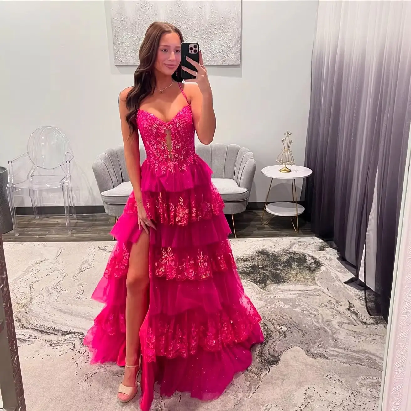 

Sharon Said Потрясающее платье цвета фуксии с прозрачным корсетом для выпускного вечера с многоуровневыми оборками Длинные вечерние платья SH327 по индивидуальному заказу