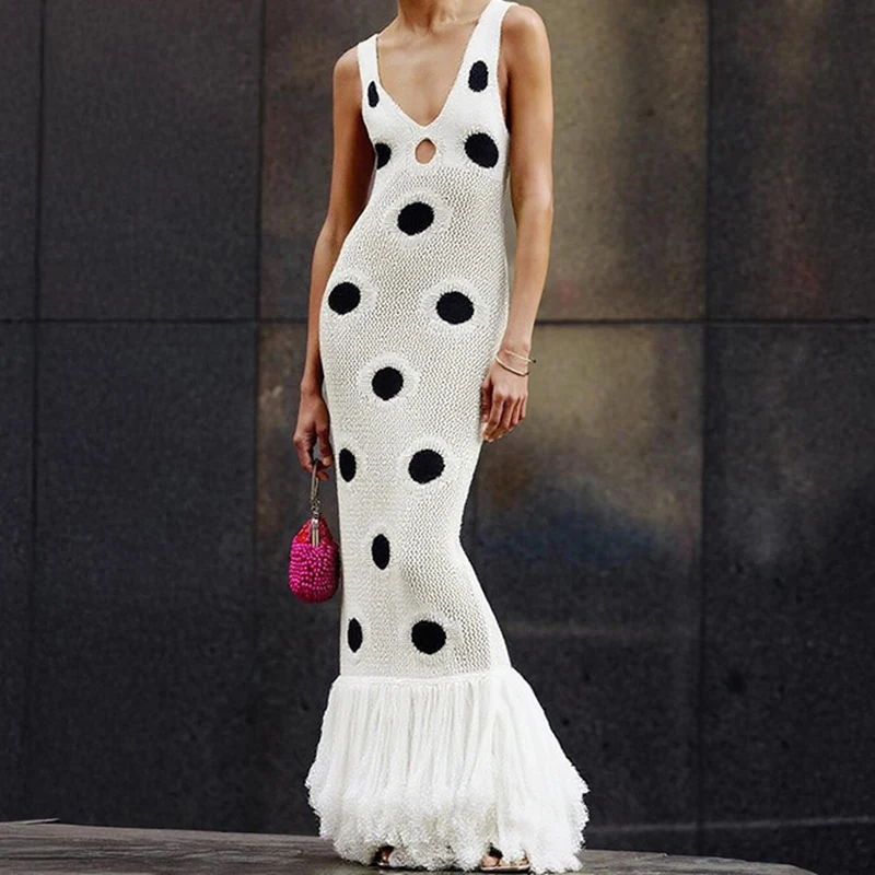Sexy V-hals Cut-out Holle Lange Jurk Casual Mouwloze Kwastje Splicing Vrouwen Jurk Mode Polka Dot Gedrukt Slanke Feestjurk
