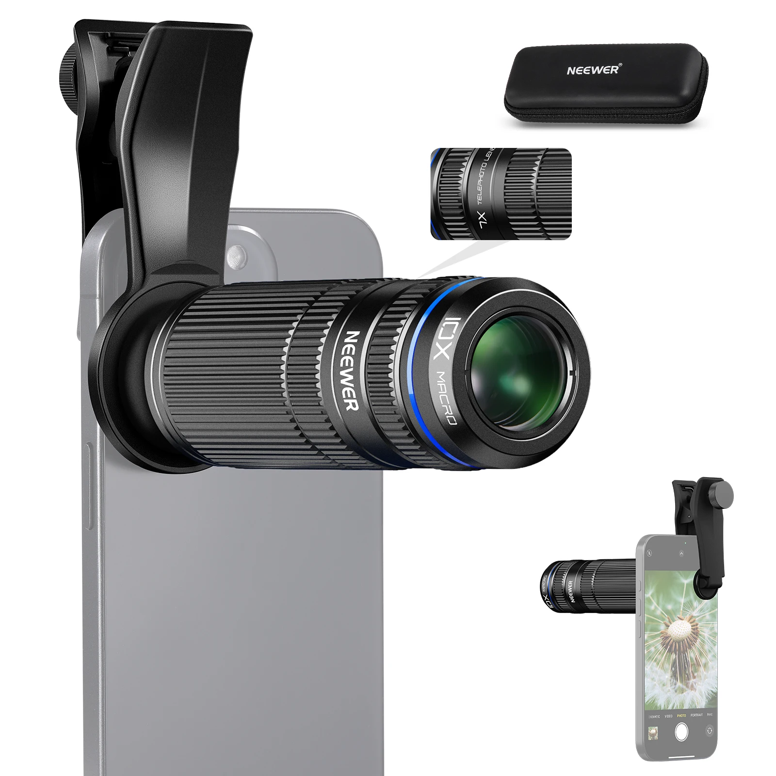 NEEWER 7X Teleobjektiv mit Telefonkamera-Objektivclip, abnehmbares 10-faches Makro für Telefonkäfig/Hülle, kompatibel mit iPhone Samsung – Detail 1