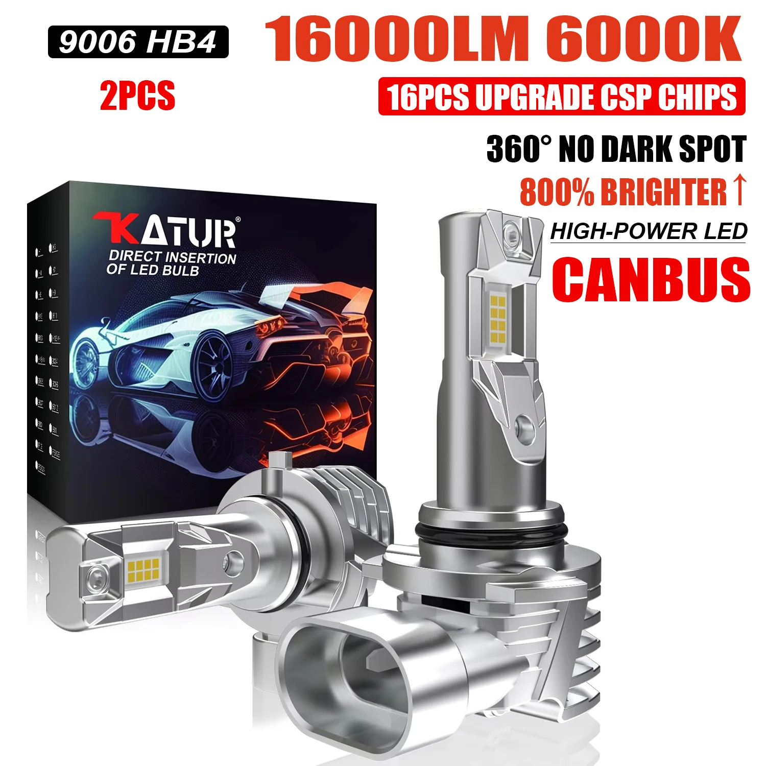 Katur 2Pcs 9006 HB4 LED Headlight Bulbs Fanless Silent Design Error Free 6000K White 16000lm For Mitsubishi Outlander 2006~2012