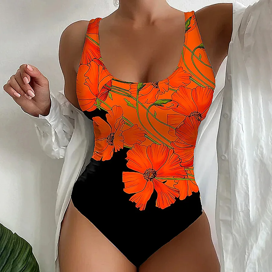 2026 Floral Print Backless One Piece Swimsuit Women Push Up Tummy Control Bodycon Sexy Swimwear Beach Vacation Bodysuit Female