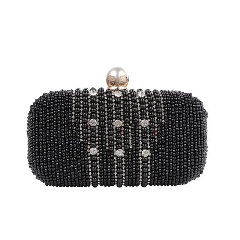 Luxury Banquet Black Handbags Women Elegant Diamond Pearl Beaded Formal Party Evening Bags with Shoulder Chain Fashion Clutch