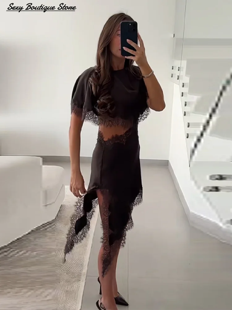 فستان مثير عتيق من الدانتيل البني الساتان بفتحات واسعة ورقبة دائرية شال نصف كم رداء للحفلات أنيق للإجازات فيستدو 2025 فساتين نسائية جديدة