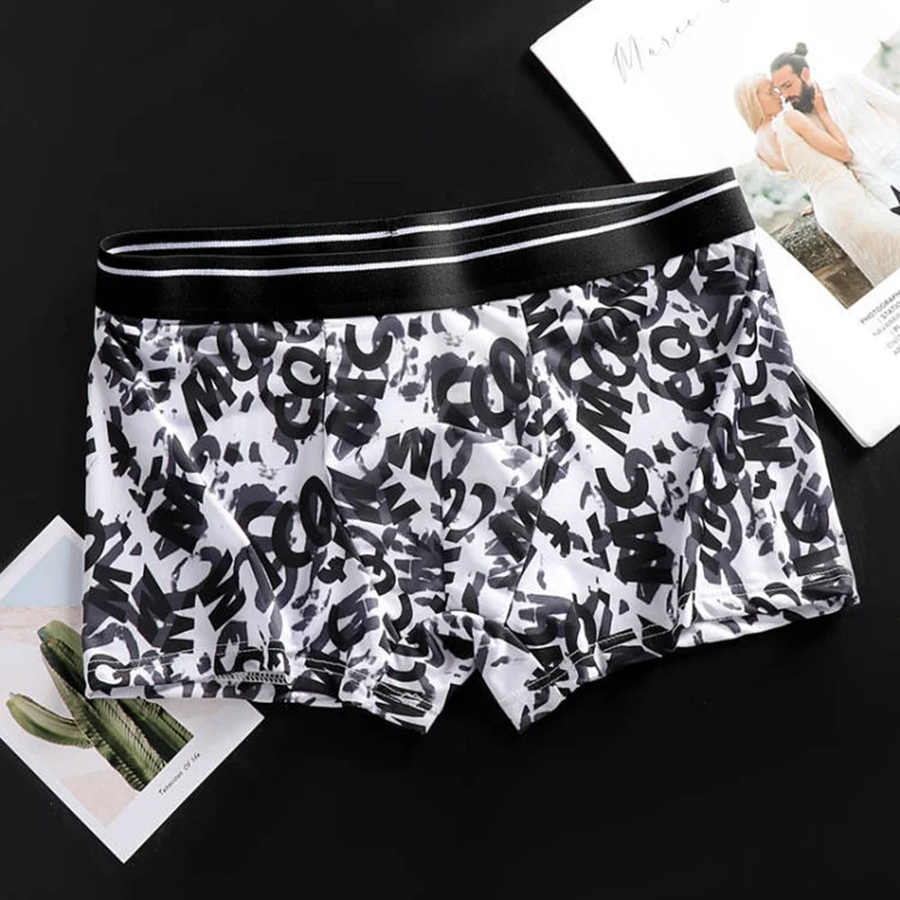 Men Sexy Ice Silk Men's Boxer Underwear Stretch Briefs Bulge Pouch Soft Panties Breathable Underpants Quick Dry Print Trunks