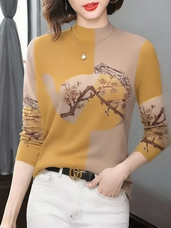 

Элегантный модный утепленный женский топ с длинным рукавом, флисовой подкладкой и принтом, с высоким воротником, для женщин среднего и пожилого возраста, обеспечивающий тепло.