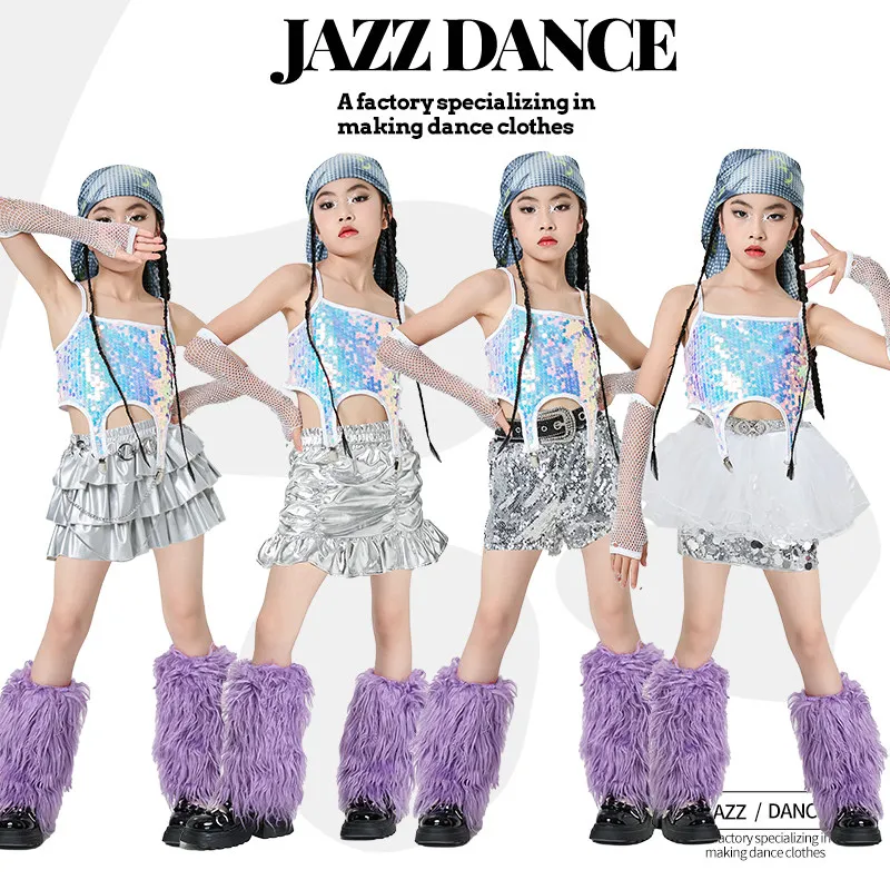 

Детские костюмы для джазовых танцев 2026: комплект из жилета с пайетками и серебряной юбки для девочек, одежда для хип-хопа, сценических выступлений и рейвов XH4170