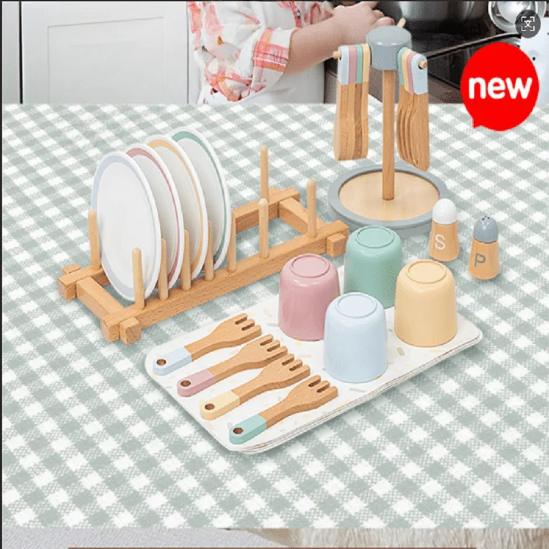 Brinquedo de Utensílios de Cozinha de Comida de Brincadeira para Bebês, Conjunto de Brinquedos Multifuncional de Reconhecimento de Formas em Madeira