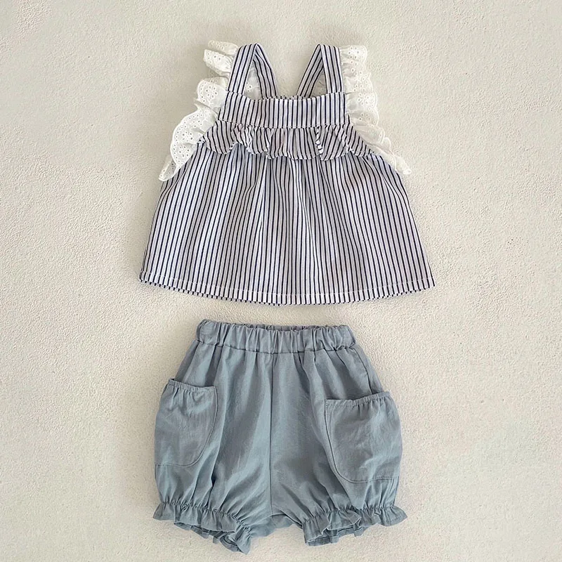 2025 New Summer Korean Style Newborn Baby Girls Clothing Set Sleeveless Cotton Striped Vest+Shorts 0-3Yrs Children Clothes Suit