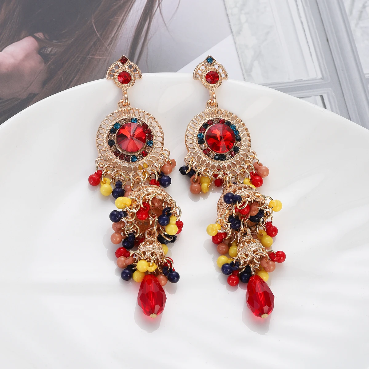Vintage New Pink Crystal Round Drop Earrings for Women Luxury Gold Plated Multilayer Bell Tassel Earrings Jewelry Brincos 2024
