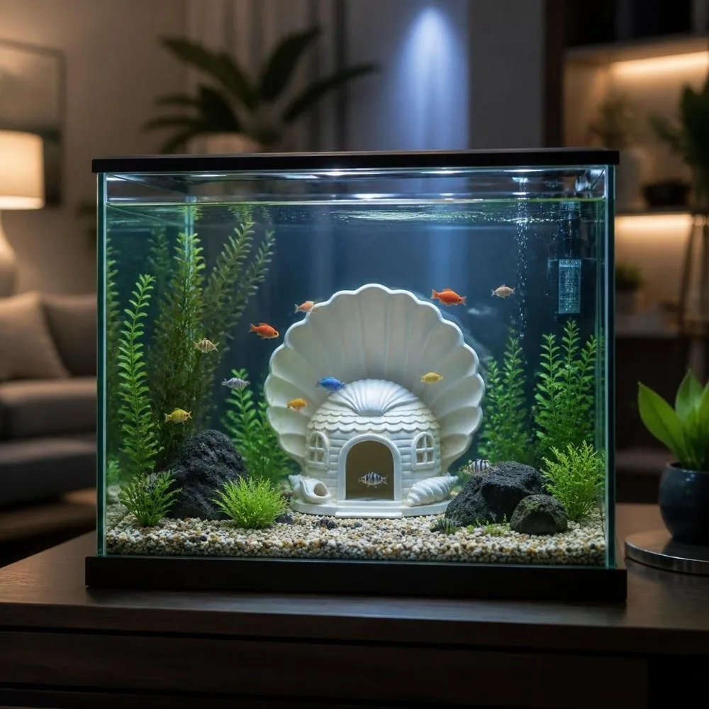 3D Printed Fish Hiding House Plastic Breathable Aquarium Cave Ornament Seashell Shaped Natural Look Fish Tank Hideaway