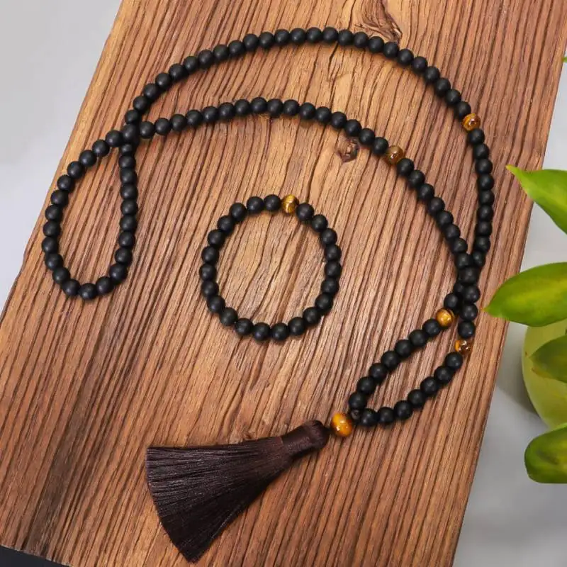 

Natural Matte Black Obsidian 108 Beads Mala Necklace & Bracelet Set with Tiger Eye & Brown Tassel Healing Crystal Jewelry